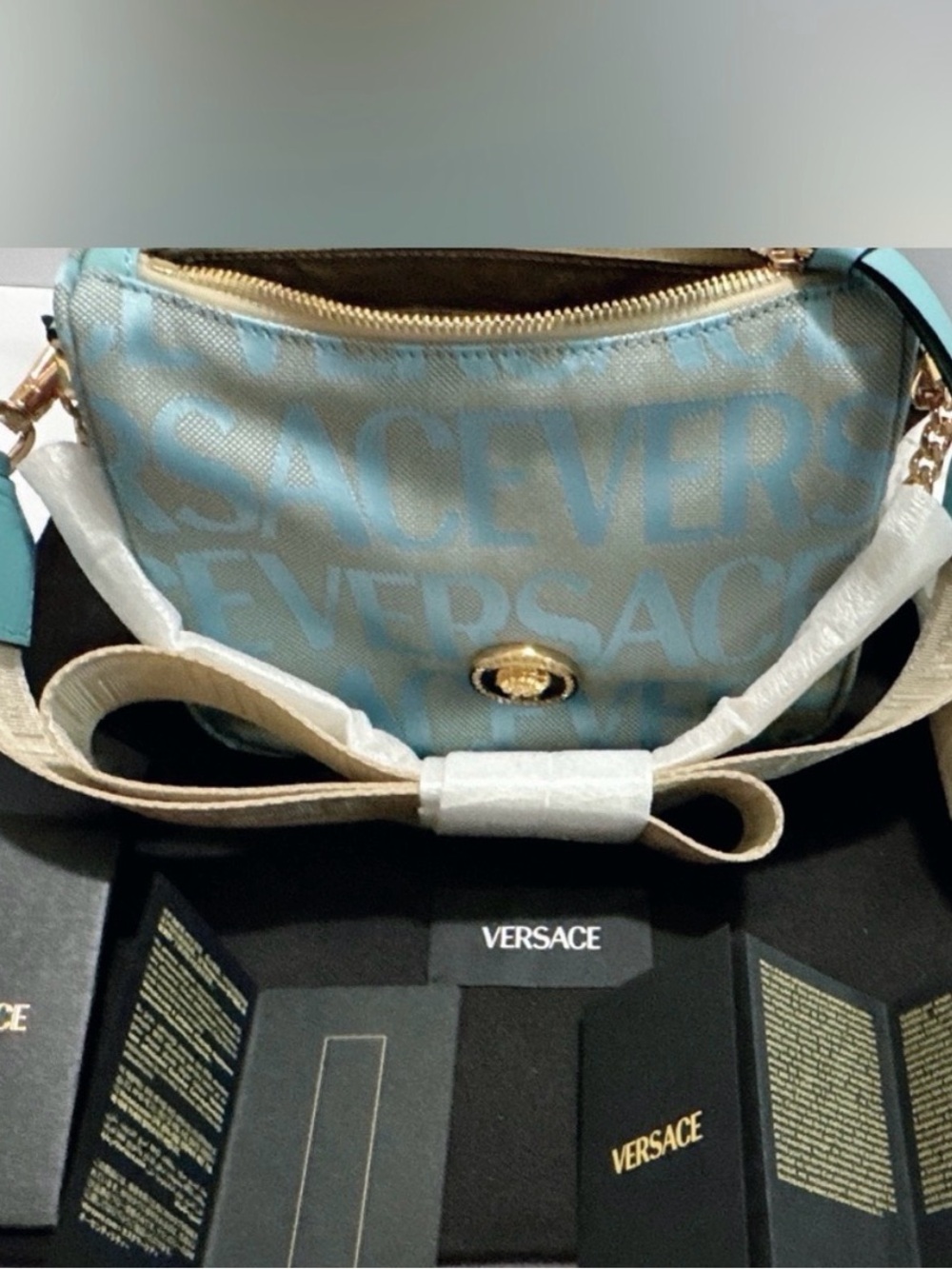 Versace Aqua and Beige Logo Crossbody Bag with Gold Medallion